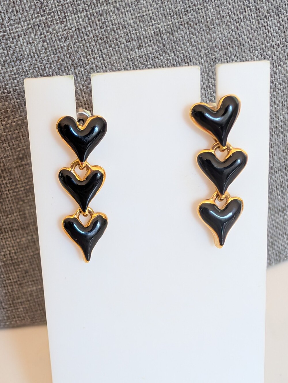 Vintage Gold Tone Black Enamel Hearts Whimsigoth Romantic Dangle Post Earrings